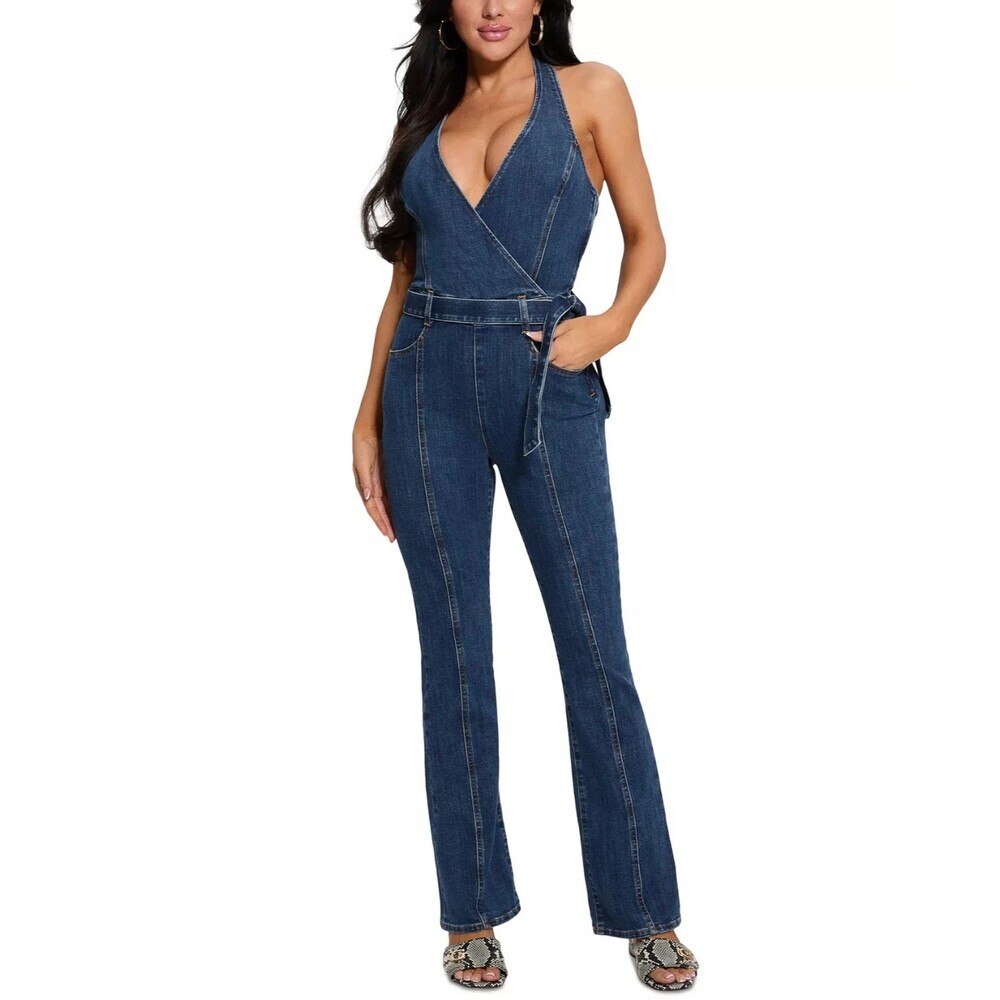 GUESS Women's Claire Plunging-Neck Bootcut Jumpsuit Blue Jeans Dark Denim Size M